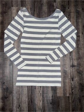 Matilda Jane Striped Long-Sleeve Boatneck Top in Gray and Cream